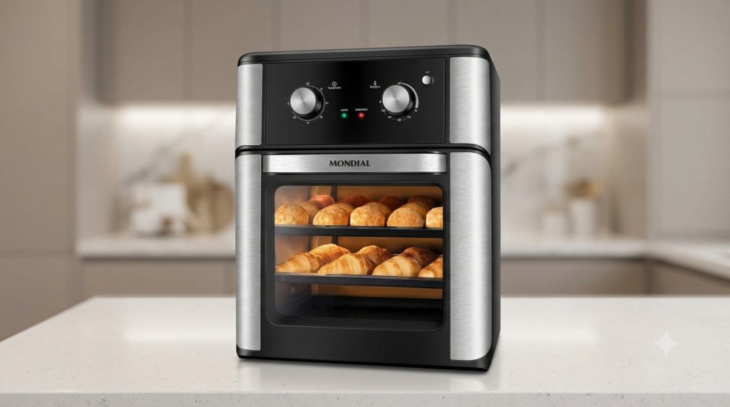 Air fryer oven mondial 12l preta com painel digital e assadeiras internas.
