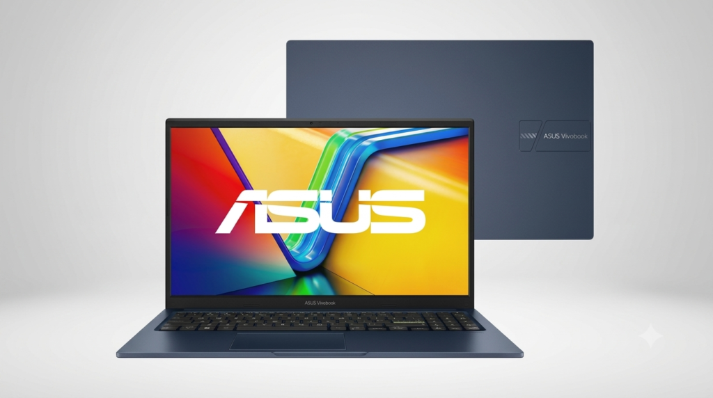 Notebook ASUS Vivobook 15 X1504 aberto em cima da mesa mostrando a tela Full HD e teclado numérico.