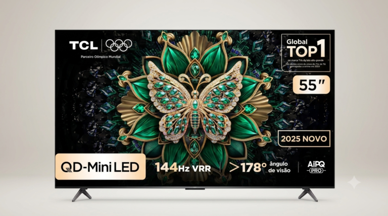 Smart TV tcl 55c6k QD-Mini LED 144Hz em uma sala moderna.