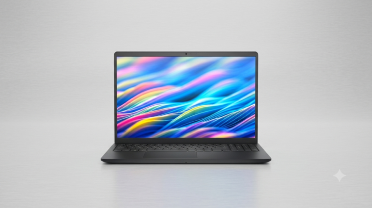 Notebook Dell 15 preto aberto em cima da mesa mostrando o teclado numérico e a tela Full HD de 120Hz.