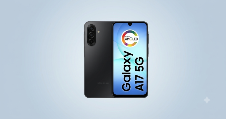 Smartphone Samsung Galaxy A17 5G na cor preta com tela Super AMOLED e módulo de câmeras traseiro.