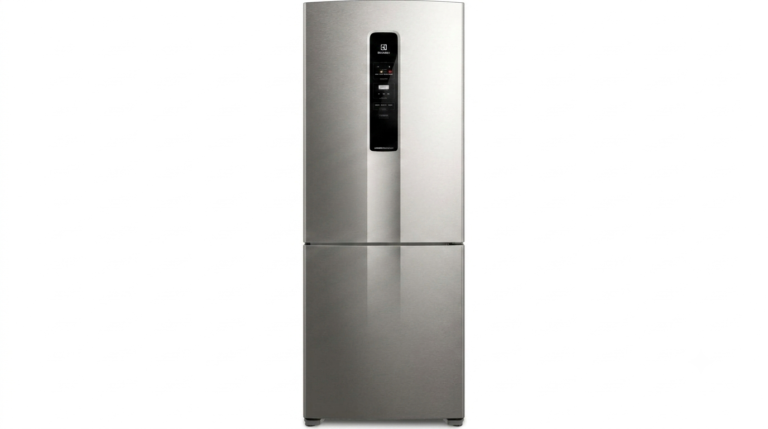 Geladeira Electrolux 490L Inverse inox com freezer na parte inferior e tecnologia Inverter vista de frente em uma cozinha moderna.